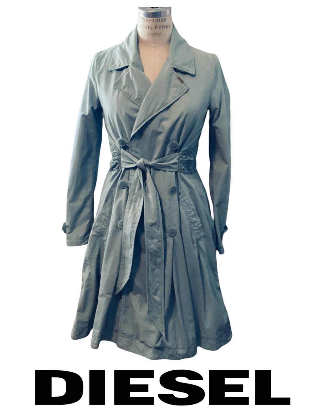 Diesel Double Breasted Cotton Trench Coat Jacket Robin’s Egg Blue Medium 8 10